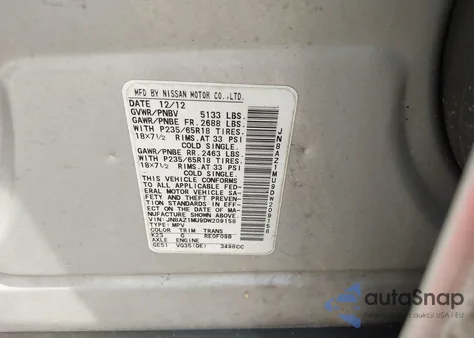 2013 Nissan Murano S из США, поврежденный, VIN JN8AZ1MU9DW209158